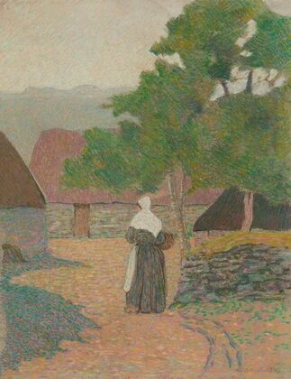 Paysage, paysanne allant à sa ferme