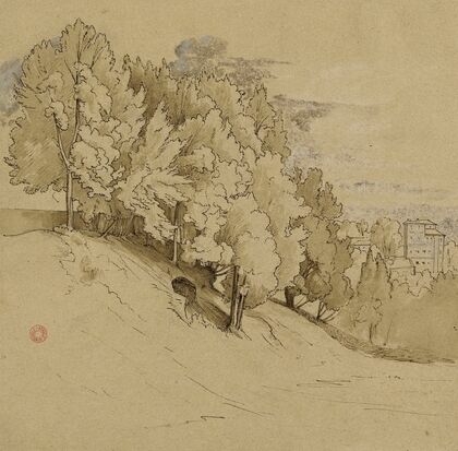Paysage vallonné avec constructions