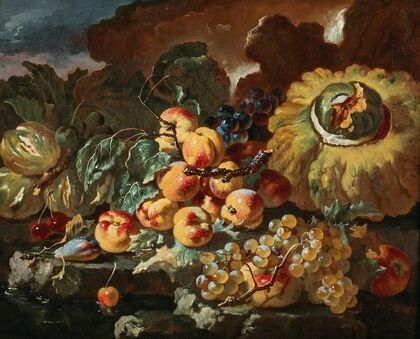 Peaches, apples, plums and cherries by a pumpkin, on a stone ledge