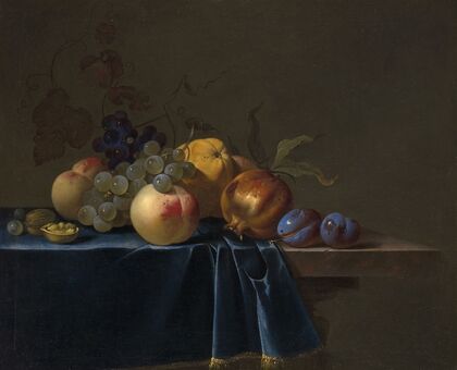 Peaches, grapes, pomegranate and plums on an entablature (1648)