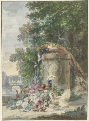 Peacock and Poultry in a Park, Chased by a Dog