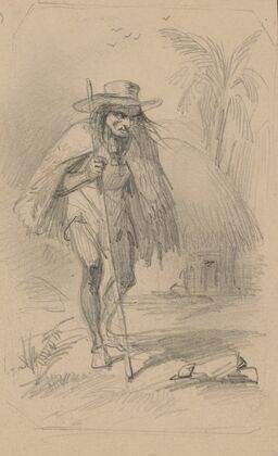 Peasant carrying staff, wearing large hat and short cape, thatch hut in background