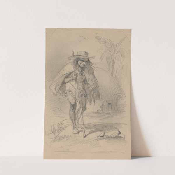 Peasant carrying staff, wearing large hat and short cape, thatch hut in background by Felix Octavius Carr Darley