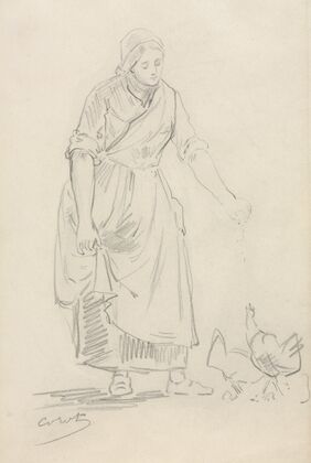 Peasant Girl Feeding Chickens