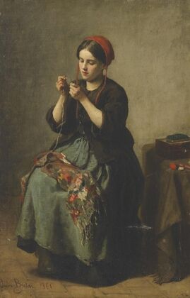 Peasant woman threading a needle