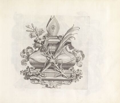 Pedestal met bisschopsmijter, lelietak en palmtak (1673-1743)