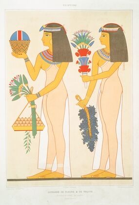 Peinture; offrande de fleurs & de fruits (nÃ©cropole de ThÃ¨bes — XIXe. dynastie), granduer d’exÃ©cution