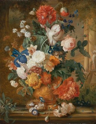 Peonies, Roses, Carnations, An Iris, Anemones, Auricula And Other Flowers In A Terracotta Vase