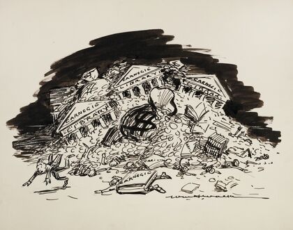 People are crushed by falling Carnegie library buildings, books, and money. (1902) — size preview