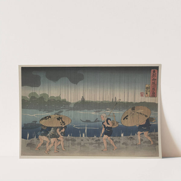 People walking beneath umbrellas along the seashore during a rainstorm by Utagawa Kuniyoshi