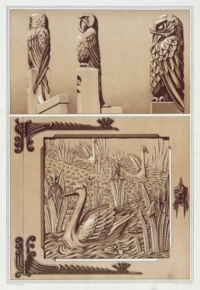 Perroquets, aigle, bois sculpté. Cygnes et iris, porte en bois sculpté.