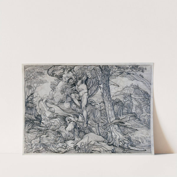 Perseus, riding Pegasus, killing the dragon by Johannes Josephus Aarts