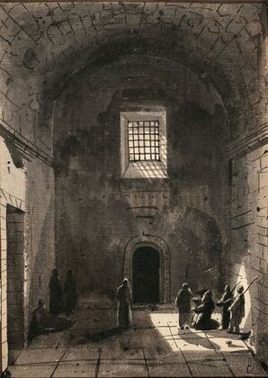 Personnages dans une salle voutée éclairée par une fenêtre