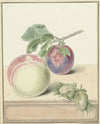 Perzik, een pruim met blad en een paar noten, after Michiel van Huysum