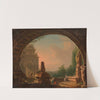 Phantastische Morgenlandschaft mit Staffage, durch einen Torbogen gesehen by Vinzenz Fischer