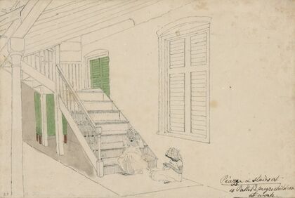 Piazza & stairs at 4 paths, 2 negro children at work, Jamaica