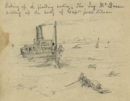 Picking up the floating bodies. The Tug McQueen picking up the body of Capt. Jack Wilson