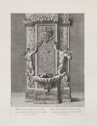 Pillar decorated with shells and stones, with a marble basin shaped like a cockleshell (1673) — size preview