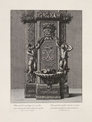Pillar decorated with shells and stones, with a marble massin in the shape of a cockleshell (1673)