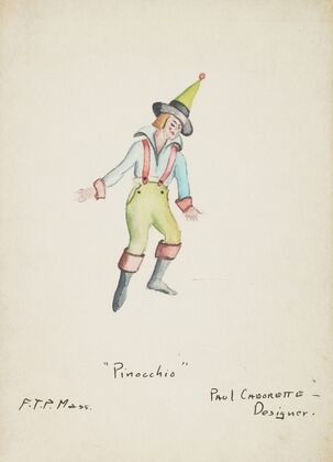 Pinocchio: Blue shirt, green trousers, red suspenders, green conical hat (1934-1943)
