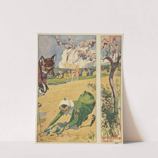 Pinocchio finds the fox and the cat again, and goes with them to sow the gold pieces in the Field of Wonders. by Attilio Mussino