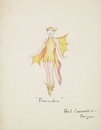Pinocchio: Short yellow dress with ‘soft flowing silk fins on arms and iridescent silk tail’ (1934-1943)