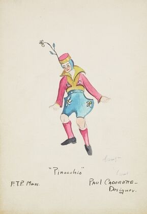 Pinocchio: Yellow shirt, pink coat, blue shorts, pink socks, pink and gold hat (1934-1943)