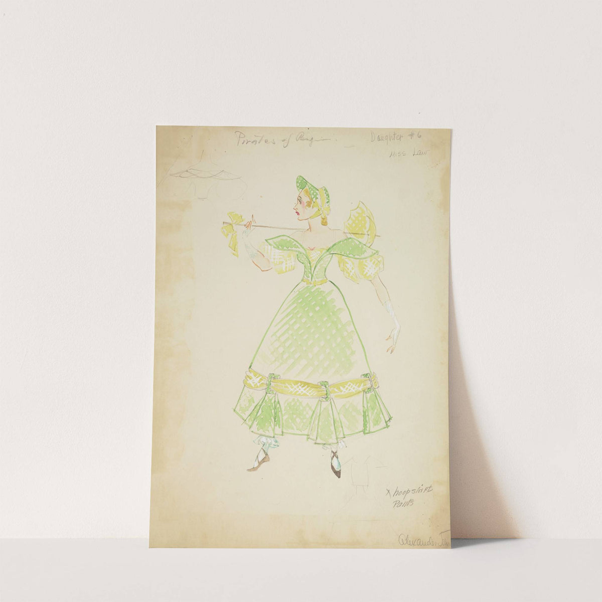 Pirates of Penzance: Daughter #6. Green dress with yellow sleeves, and hem (1934-1943) by Alex Jones