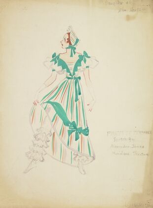 Pirates of Penzance: Daughter #9. Striped green and orange dress with green ribbon (1934-1943) — size preview