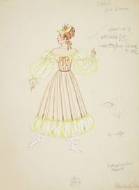 Pirates of Penzance: Isabel. Brown striped gown with yellow sleeves and hem (1934-1943)
