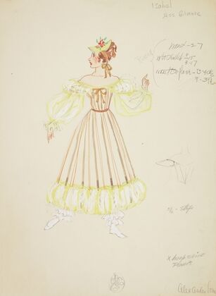 Pirates of Penzance: Isabel. Brown striped gown with yellow sleeves and hem (1934-1943)