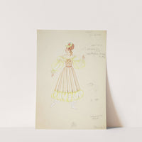 Pirates of Penzance: Isabel. Brown striped gown with yellow sleeves and hem (1934-1943) by Alex Jones