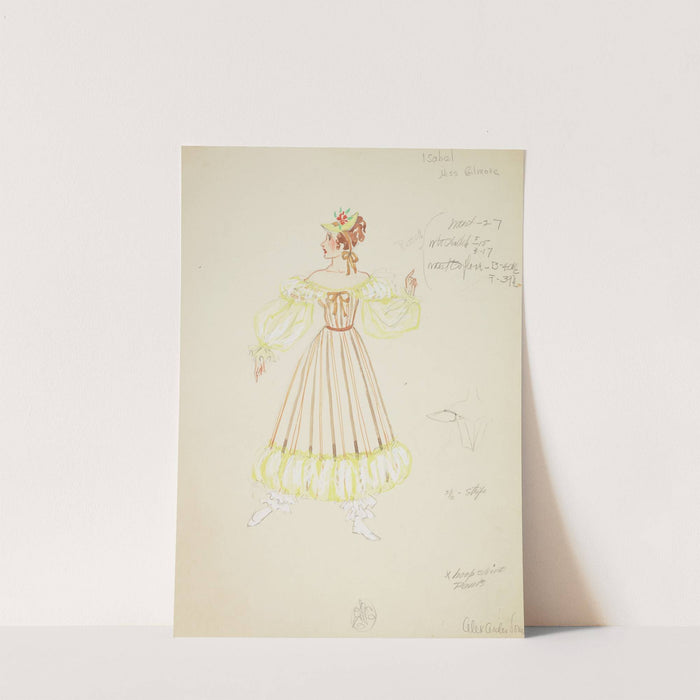 Pirates of Penzance: Isabel. Brown striped gown with yellow sleeves and hem (1934-1943) by Alex Jones
