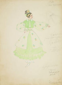 Pirates of Penzance: Kate. Patterned cream dress with green underskirt, and green coat (1934-1943)