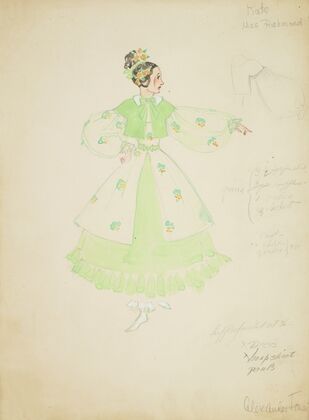 Pirates of Penzance: Kate. Patterned cream dress with green underskirt, and green coat (1934-1943)