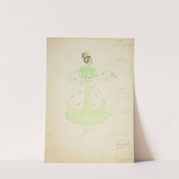 Pirates of Penzance: Kate. Patterned cream dress with green underskirt, and green coat (1934-1943) by Alex Jones