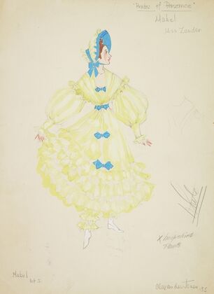 Pirates of Penzance: Mabel. Ruffled yellow gown with blue bows (1934-1943) — size preview