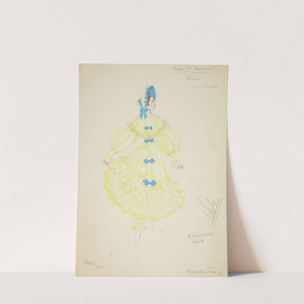 Pirates of Penzance: Mabel. Ruffled yellow gown with blue bows (1934-1943) by Alex Jones
