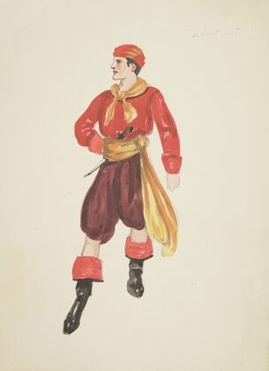 Pirates of Penzance: Red shirt, purple breeches, yellow sash, yellow scarf, red cap, and dagger (1934-1943) — size preview