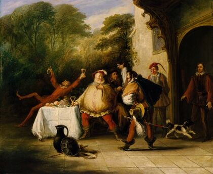 Pistol announcing to Falstaff the death of the king John (1820s)