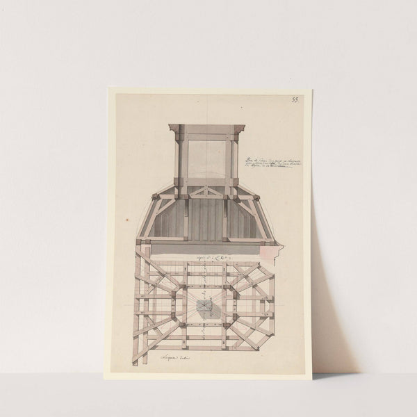 Plan et coupe d’un projet en charpante pour élever au-dessus des deux escaliers de léglise de la Madeleine by Jean Jacques Lequeu
