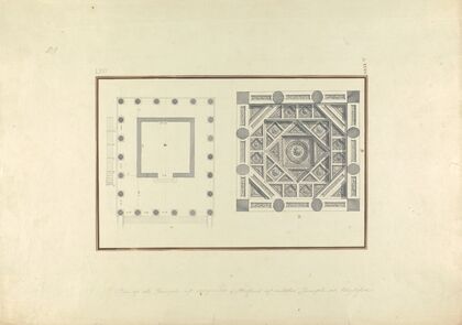 Plan of a Temple at Mylasa and Detail of a Coffered Ceiling from a Tomb