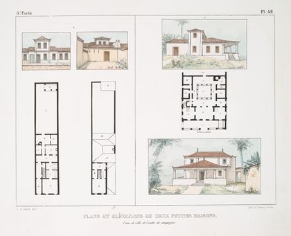 Plans et élévation de deux petites maisons