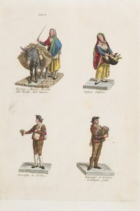 Plate 10; four street vendors from Madrid selling broccoli, cauliflower, artichokes, and asparagus (1809–1817)