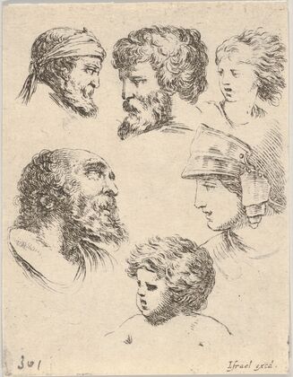 Plate 10; six heads, three bearded men, one soldier, and two children (1649)