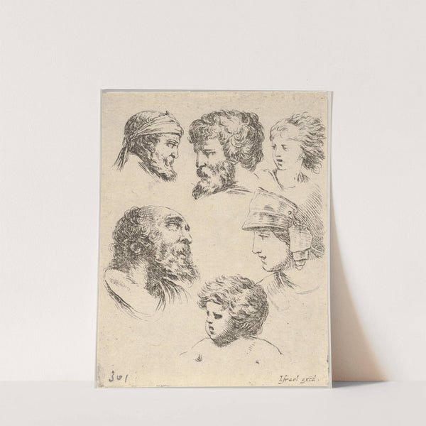 Plate 10; six heads, three bearded men, one soldier, and two children (1649) by Stefano Della Bella