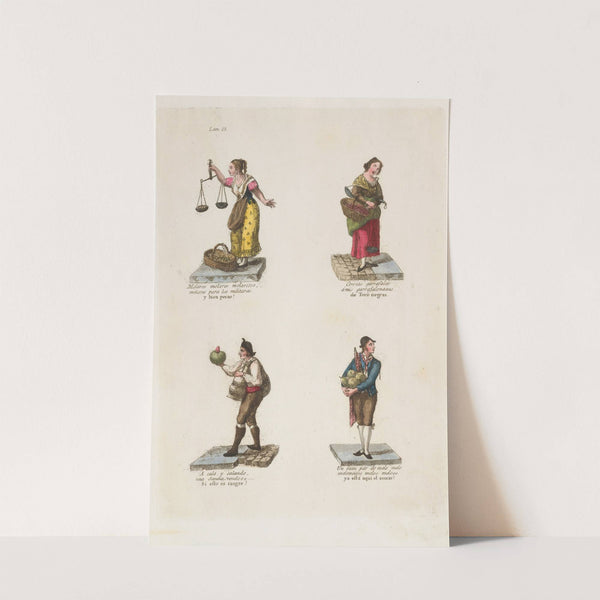 Plate 12; four street vendors from Madrid selling dried fruit, cherries, and melons (1809–1817) by Miguel Gamborino
