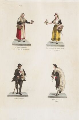 Plate 15; four street vendors from Madrid selling flowers, socks, and skins (1809–1817)