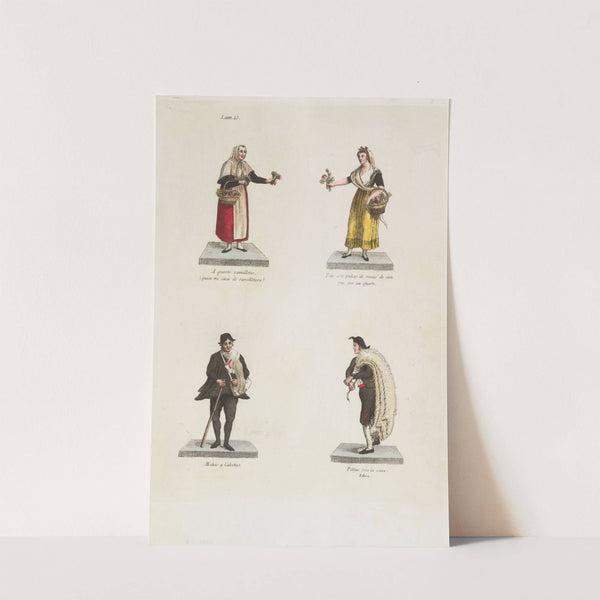 Plate 15; four street vendors from Madrid selling flowers, socks, and skins (1809–1817) by Miguel Gamborino