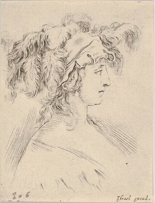Plate 15; mid-bust of a young woman in profile wearing a hat topped with feathers (1649)